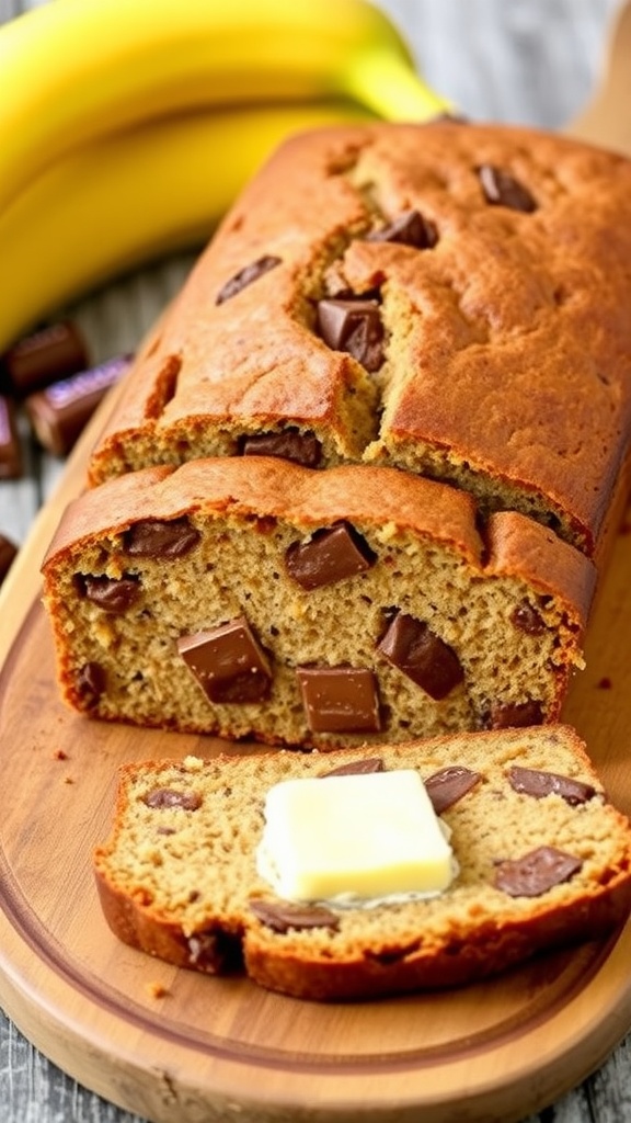 Sliced Snickers Bar Banana Bread on a wooden board with butter, ripe bananas, and Snickers bars in the background.
